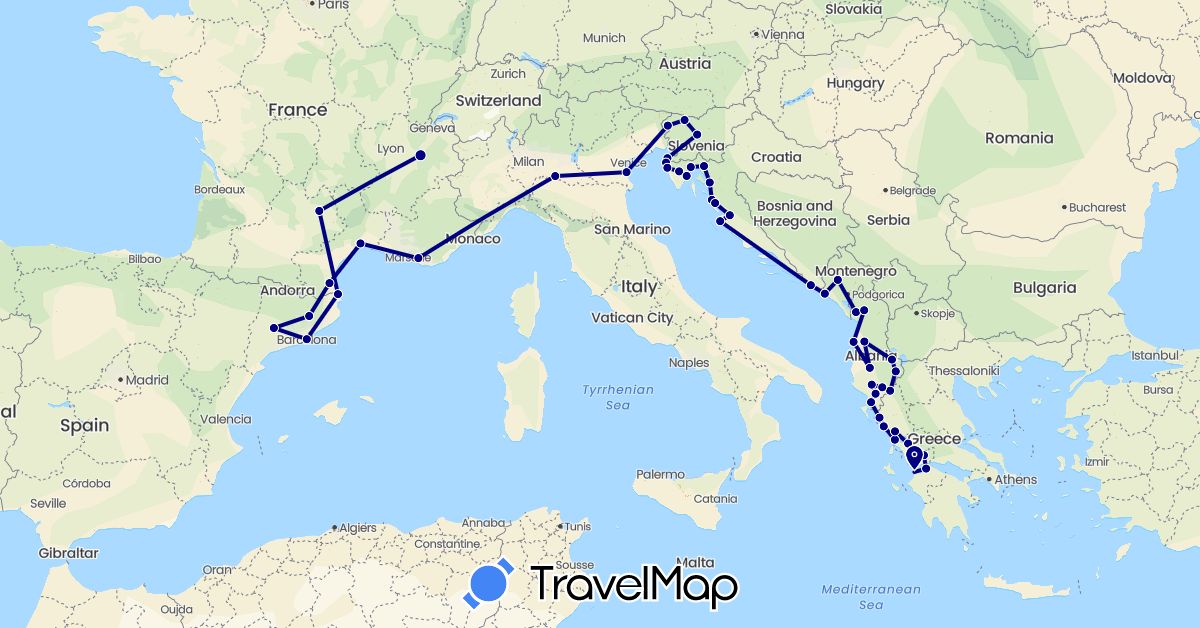 TravelMap itinerary: driving in Albania, Spain, France, Greece, Croatia, Italy, Montenegro, Slovenia (Europe)